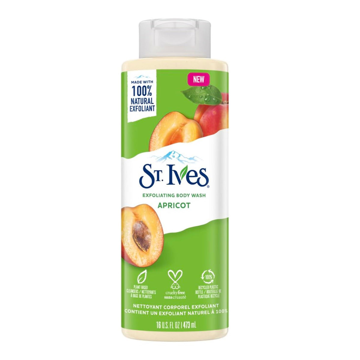 St. Ives gel exfoliante de albaricoque, botella de 473 ml, aroma fresco para la ducha diaria.