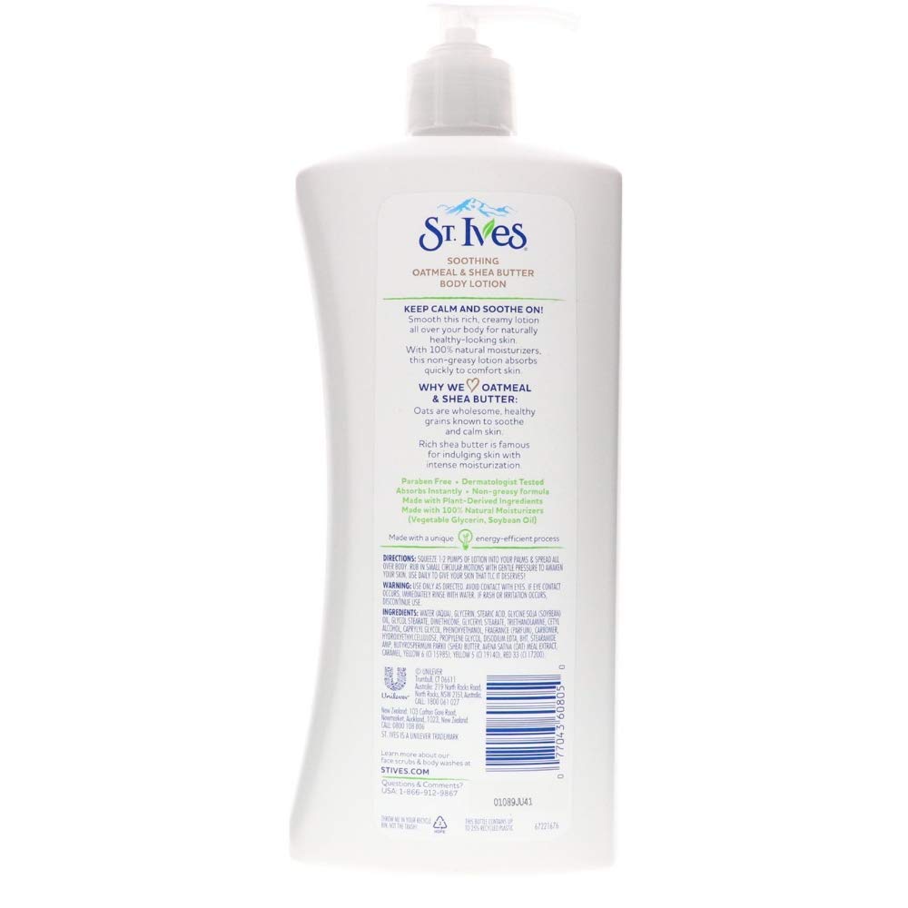 St. Ives body lotion oatmeal and shea butter cream-swirl for creamy texture and daily moisturization.