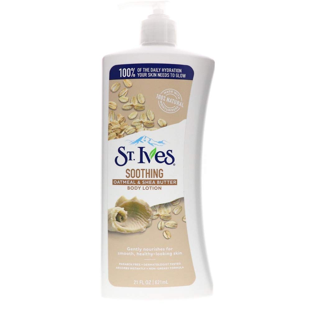 St. Ives body lotion with oatmeal and shea butter bottle delivering rich hydration for itchy, dry skin.