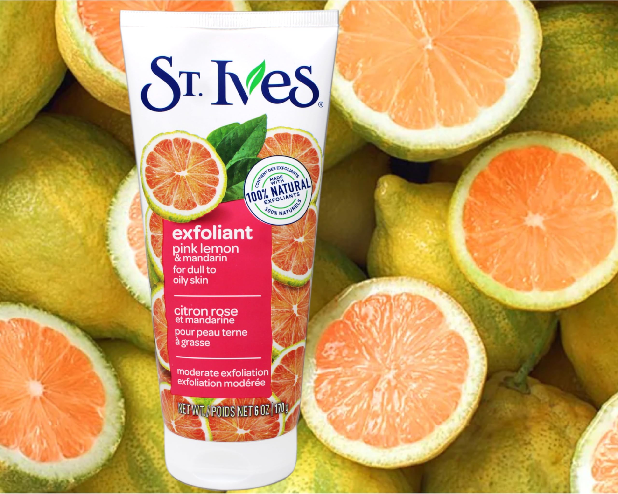 St. Ives bottle at an angle emphasizes dermatologist-tested and hypoallergenic claims.
