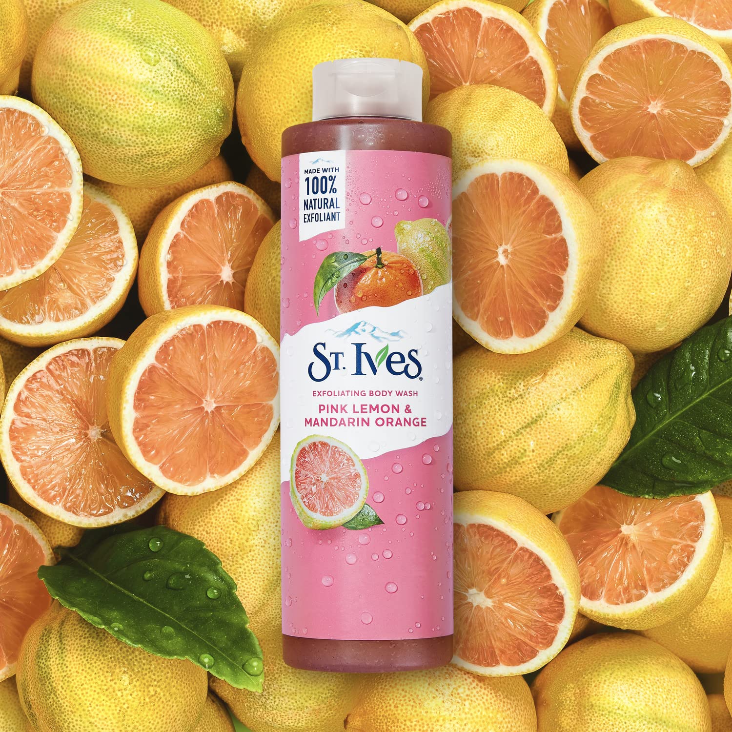 St. Ives citrus extract shower scene emphasizing bright, refreshing scent.