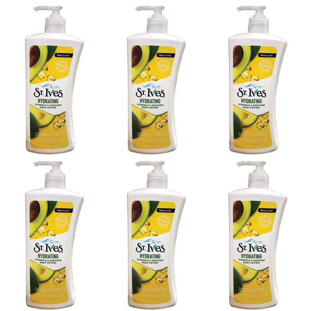 St. Ives daily hydrating Vitamin E and Avovado lotion bottle delivers long-lasting moisture for dry skin.