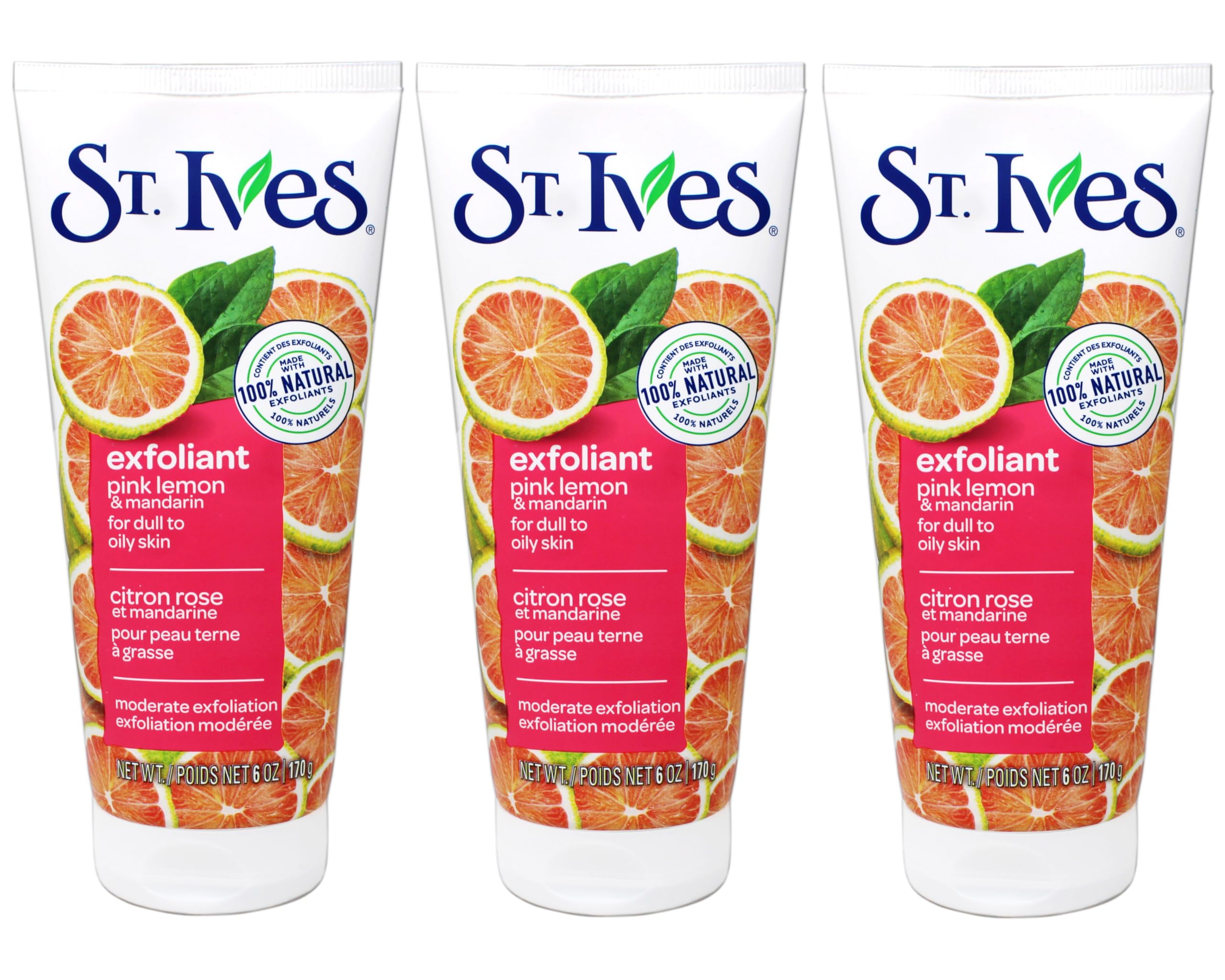 St. Ives Even and Bright pink lemon scrub bottle close-up showing exfoliating texture for brighter skin.