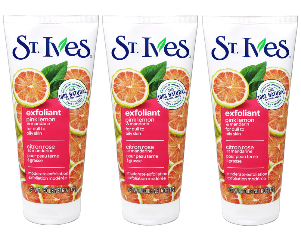 St. Ives Even and Bright pink lemon scrub bottle close-up showing exfoliating texture for brighter skin.