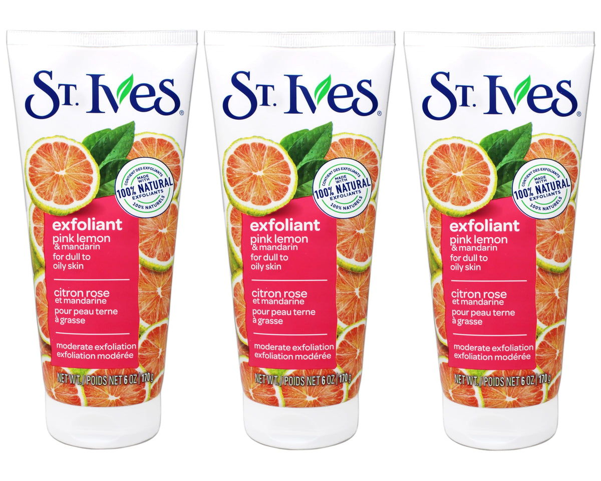 St. Ives Even and Bright pink lemon scrub bottle close-up showing exfoliating texture for brighter skin.