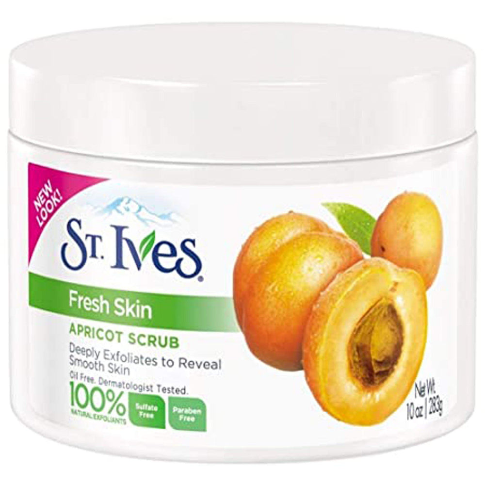 St. Ives Fresh Skin Invigorating Apricot Scrub 10oz two-pack bottle skin-smoothing exfoliation.