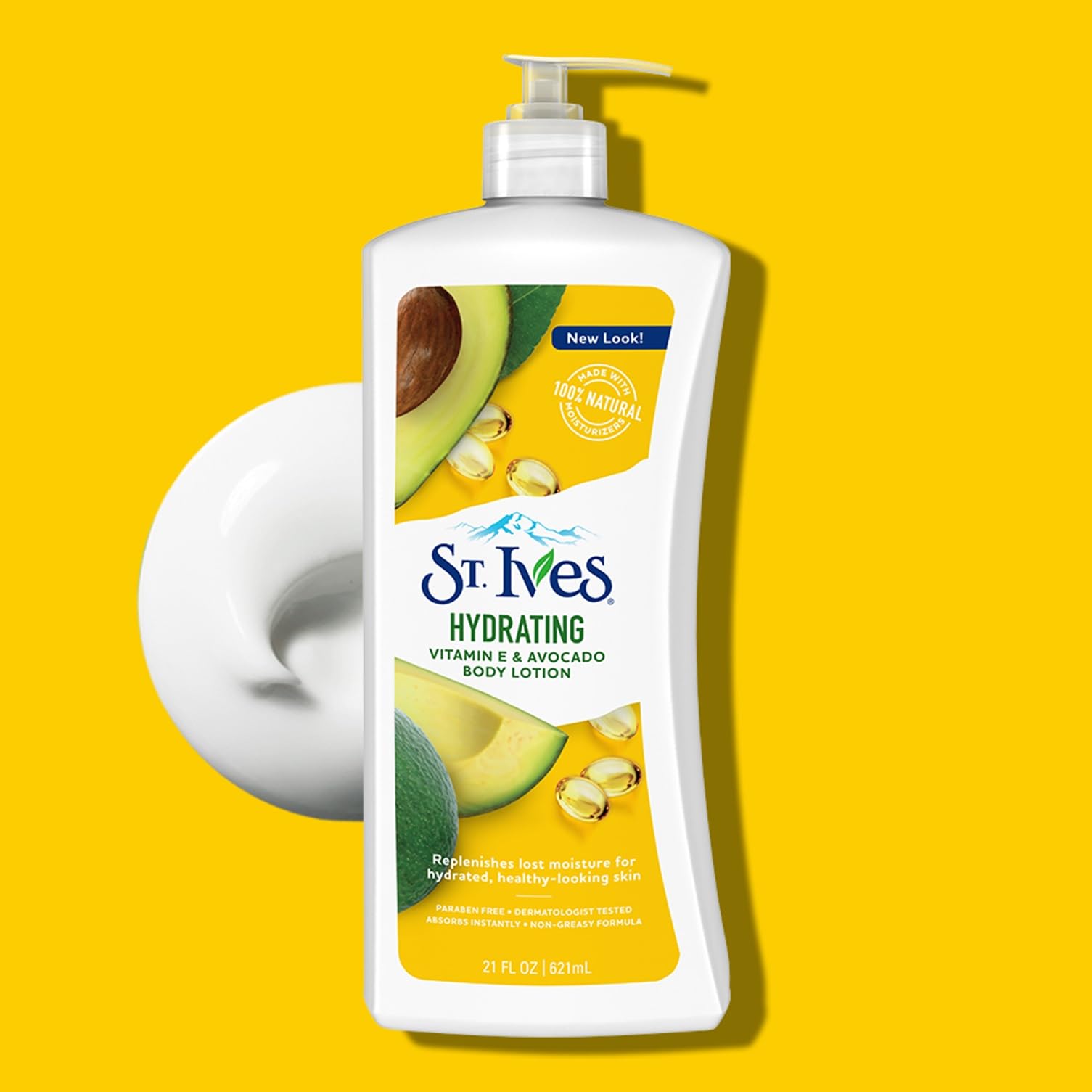 St. Ives lotion texture close-up with creamy, smooth application