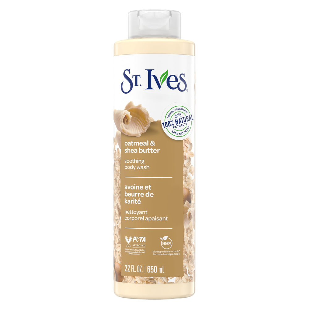St. Ives front bottle view showing calming oatmeal and shea benefits