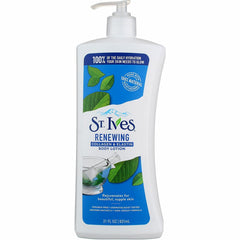 St. Ives Renewing Lotion bottle closeup showing quick-absorbing formula.