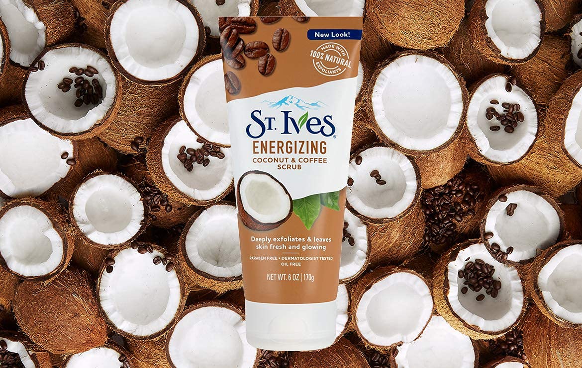 St. Ives coconut exfoliants visualize plant-based ingredients for gentle polishing.