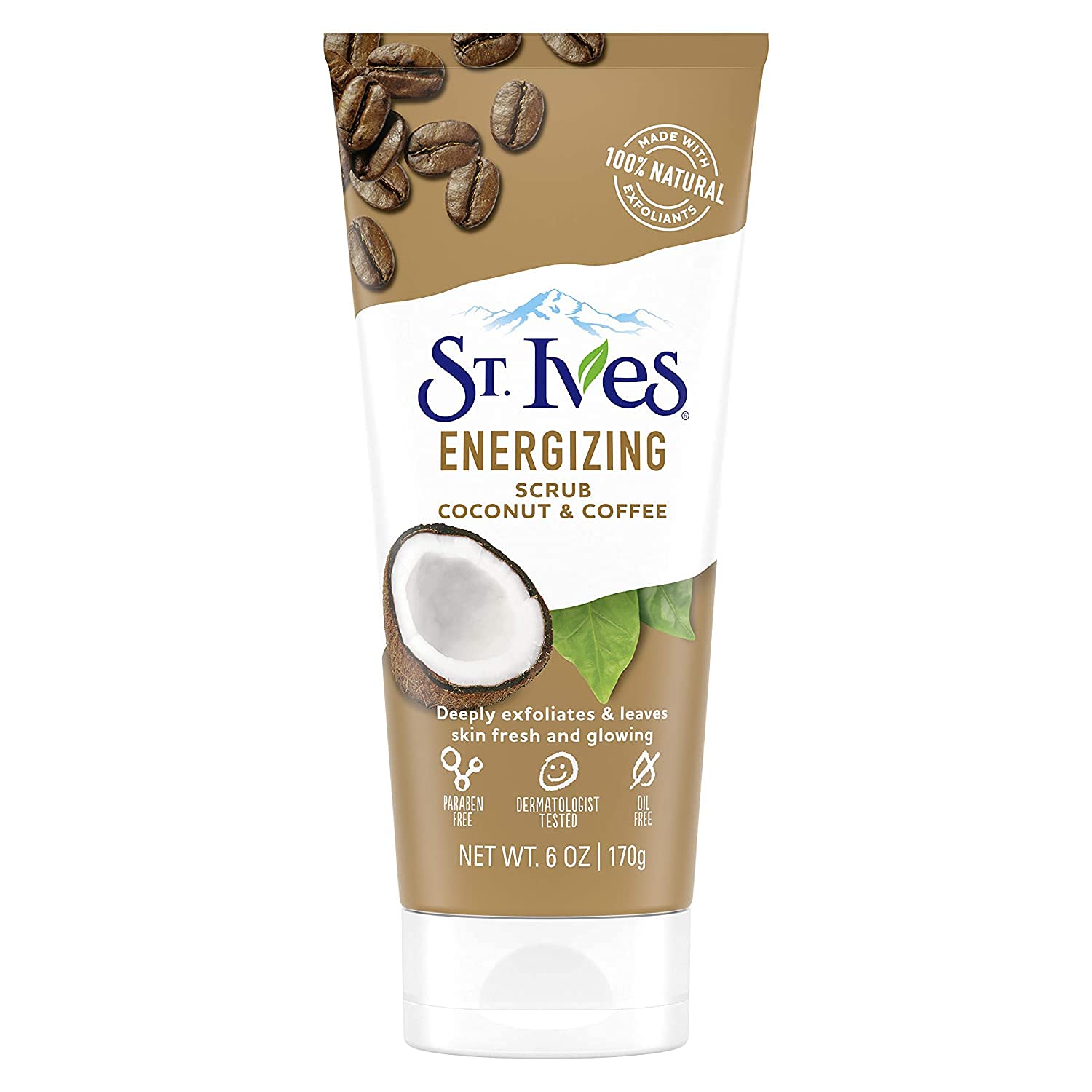 St. Ives Rise scrub with coffee coconut particles for gentle exfoliation and glow.