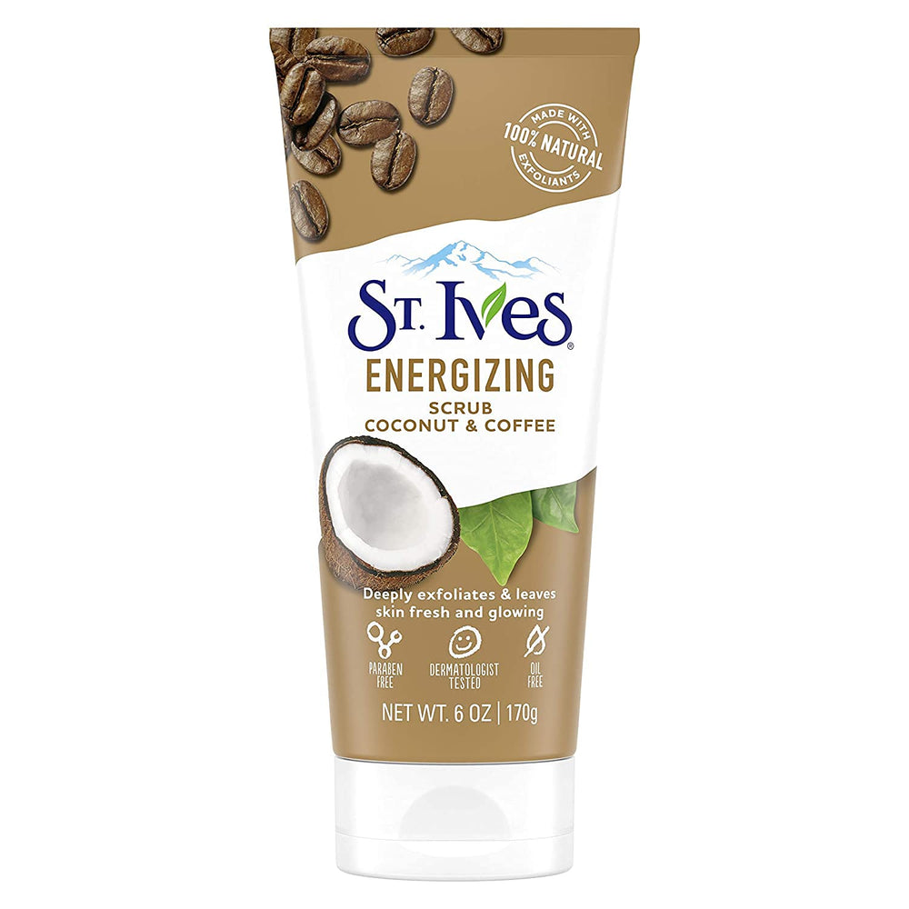 St. Ives Rise scrub with coffee coconut particles for gentle exfoliation and glow.