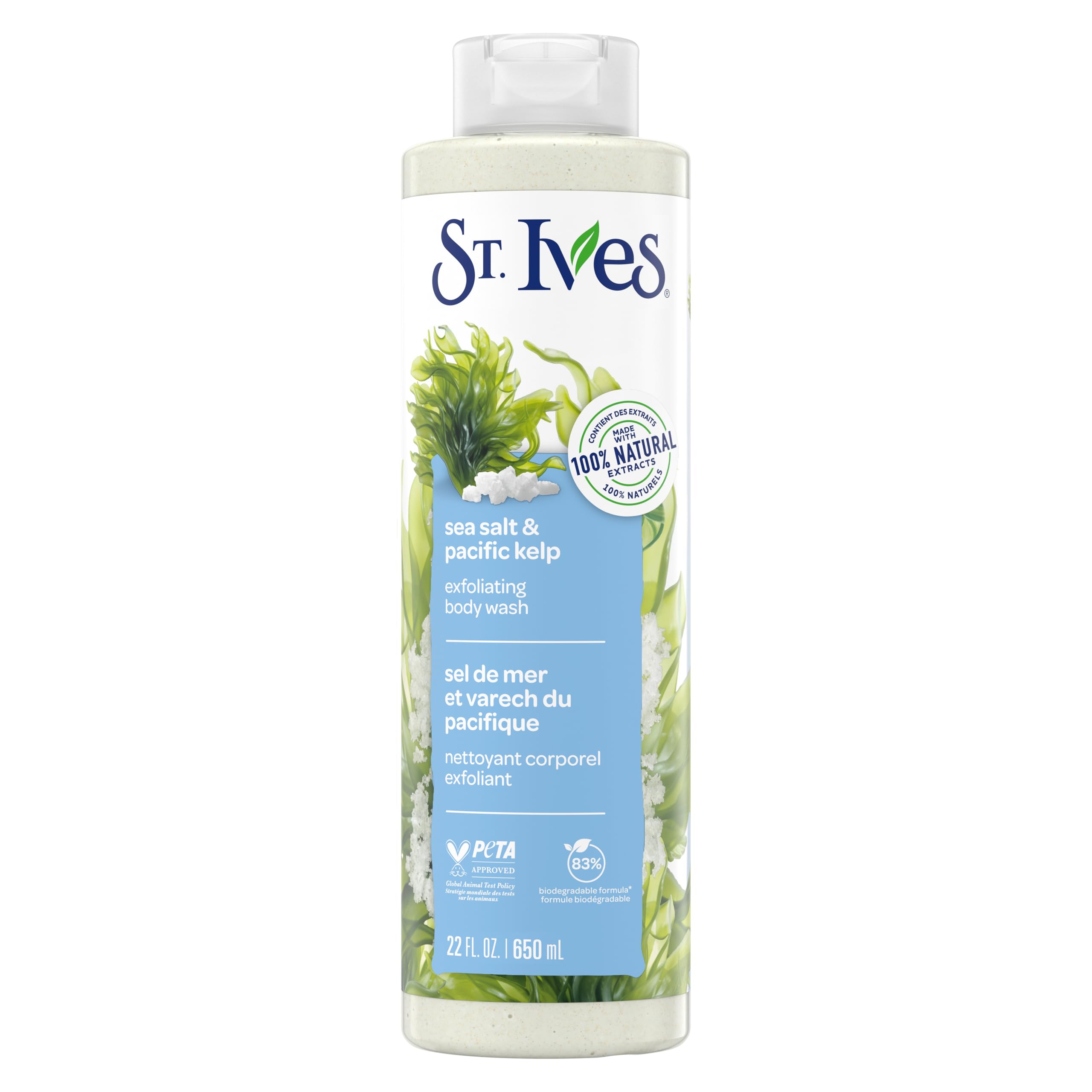St. Ives Sea Salt & Pacific Kelp exfoliating bottle showcases natural cleanse for smoother skin.