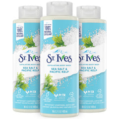 St. Ives Sea Salt Pacific Kelp exfoliating bottle offers a refreshing cleanse.