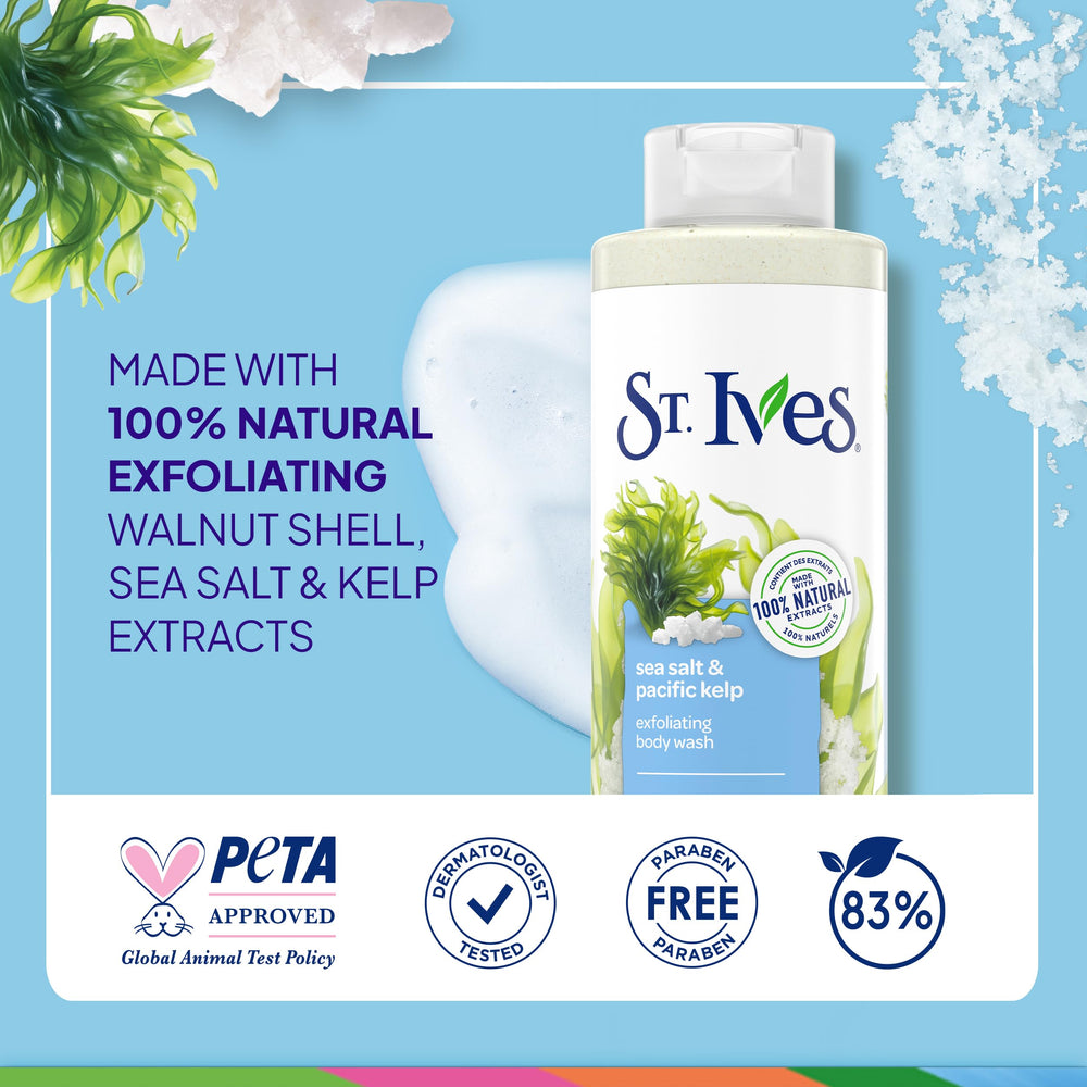 St. Ives Sea Salt & Pacific Kelp exfoliating foam shows rich suds ideal for full-body wash.