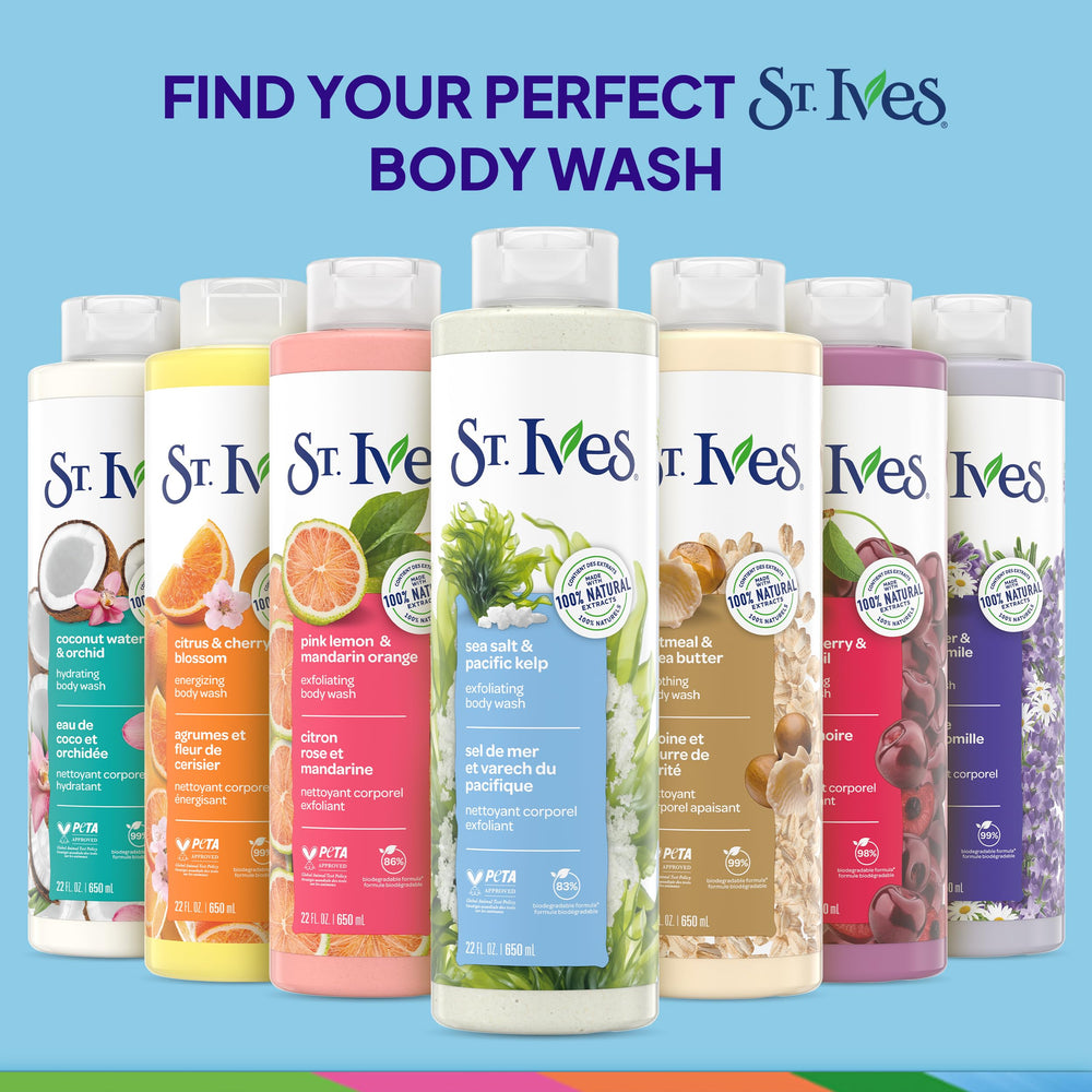 St. Ives Sea Salt & Pacific Kelp shower-scene image highlights invigorating cleanse and smooth-skin result.