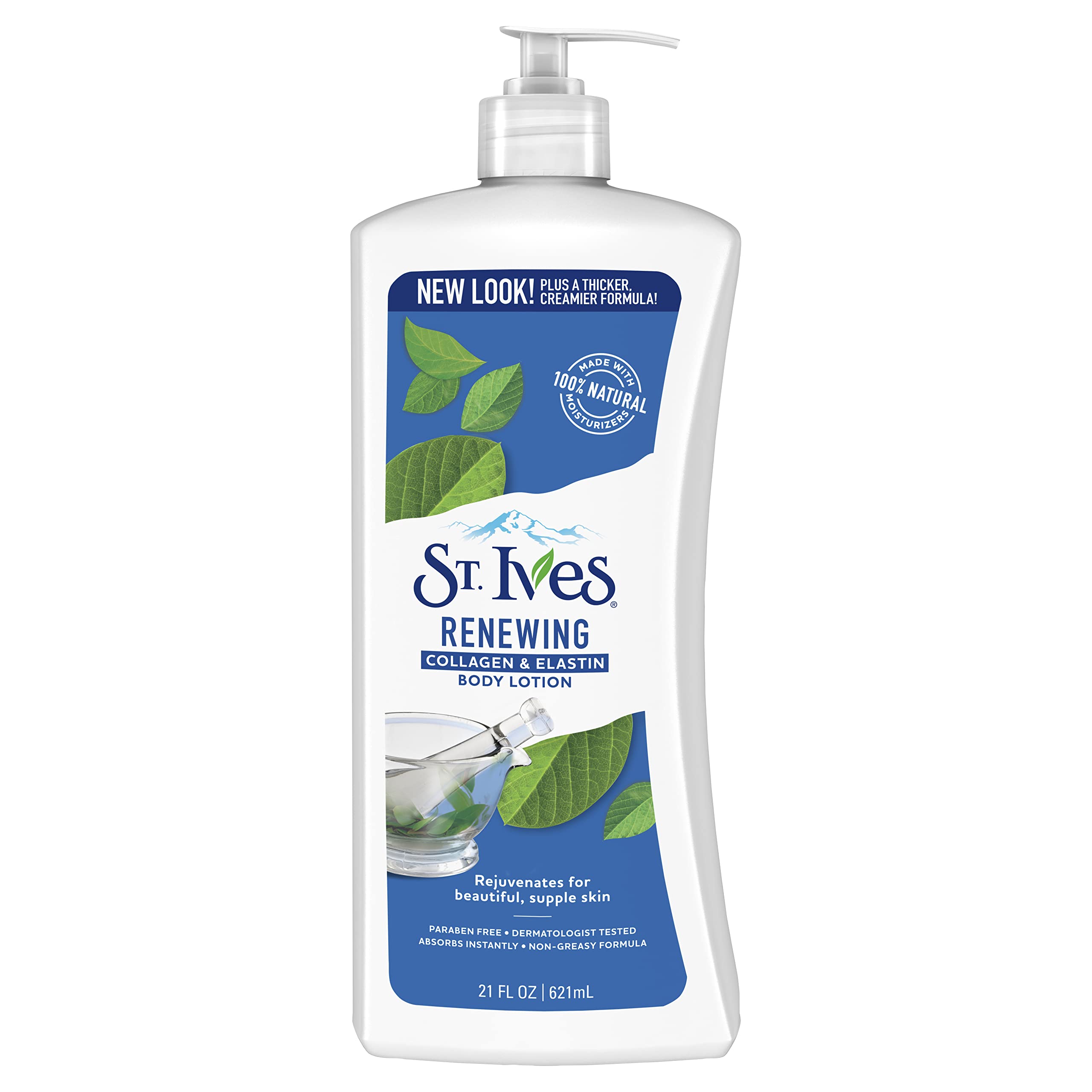 St. Ives Skin Renewing Body Lotion bottle with creamy texture for hydrated skin after shower.