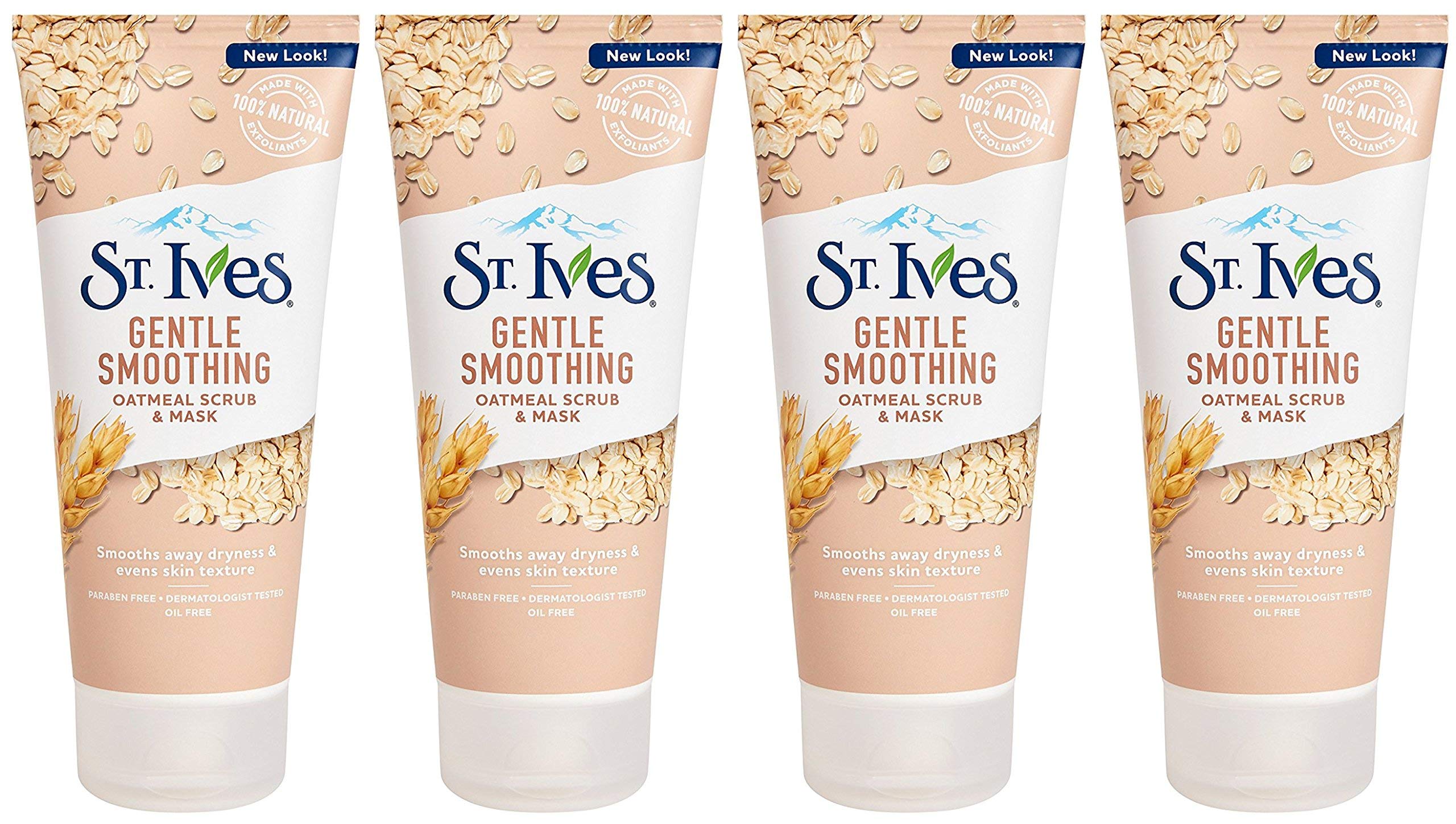 St. Ives Smooth & Nourished Scrub & Mask oatmeal-6oz-pack4 provides gentle exfoliation and nourishment.