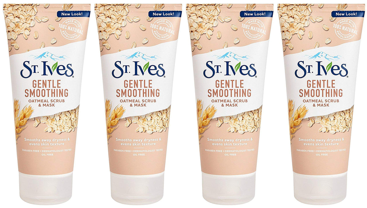 St. Ives Smooth & Nourished Scrub & Mask oatmeal-6oz-pack4 provides gentle exfoliation and nourishment.