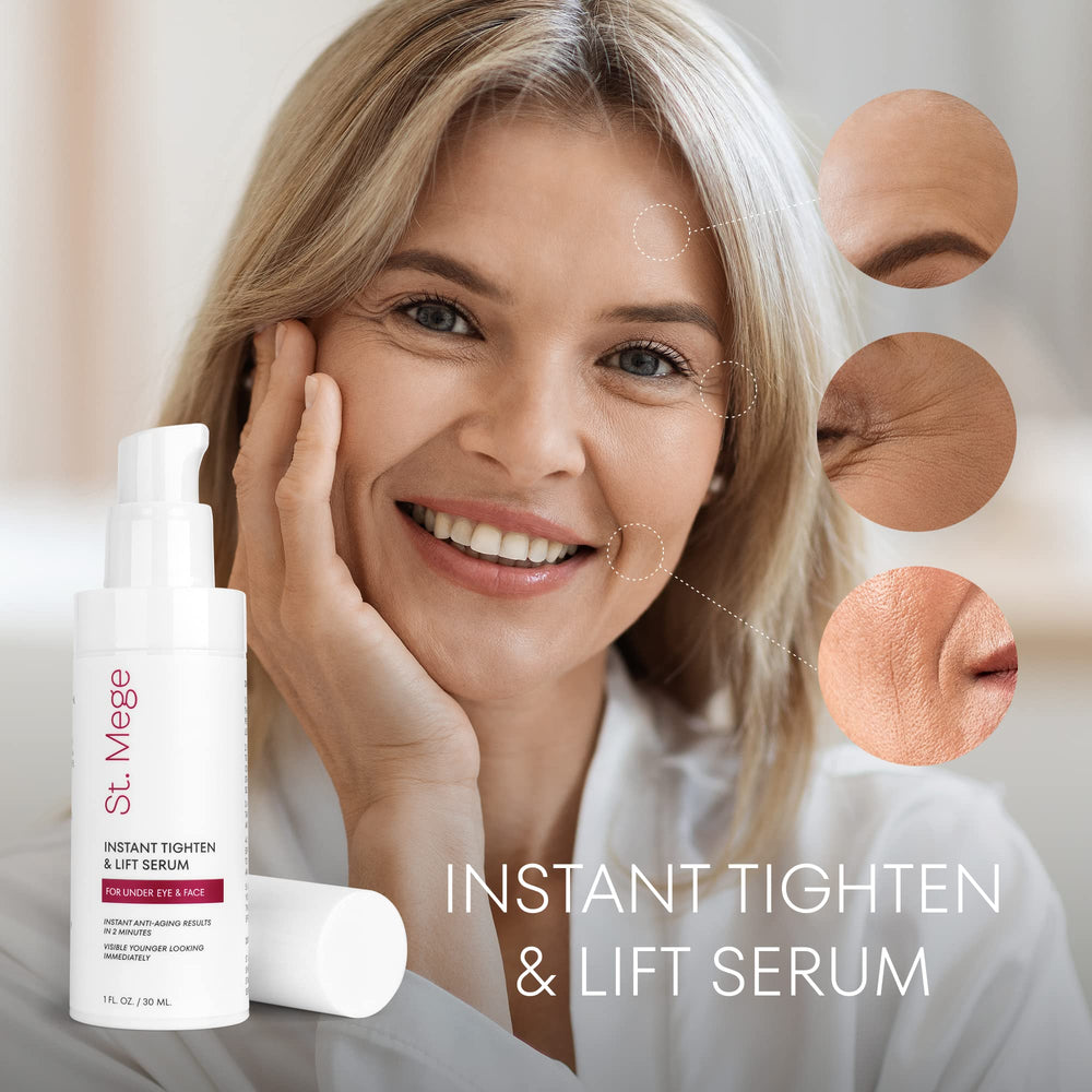 St. Mege Instant Eye Lift cream closeup showing refreshed eyes.
