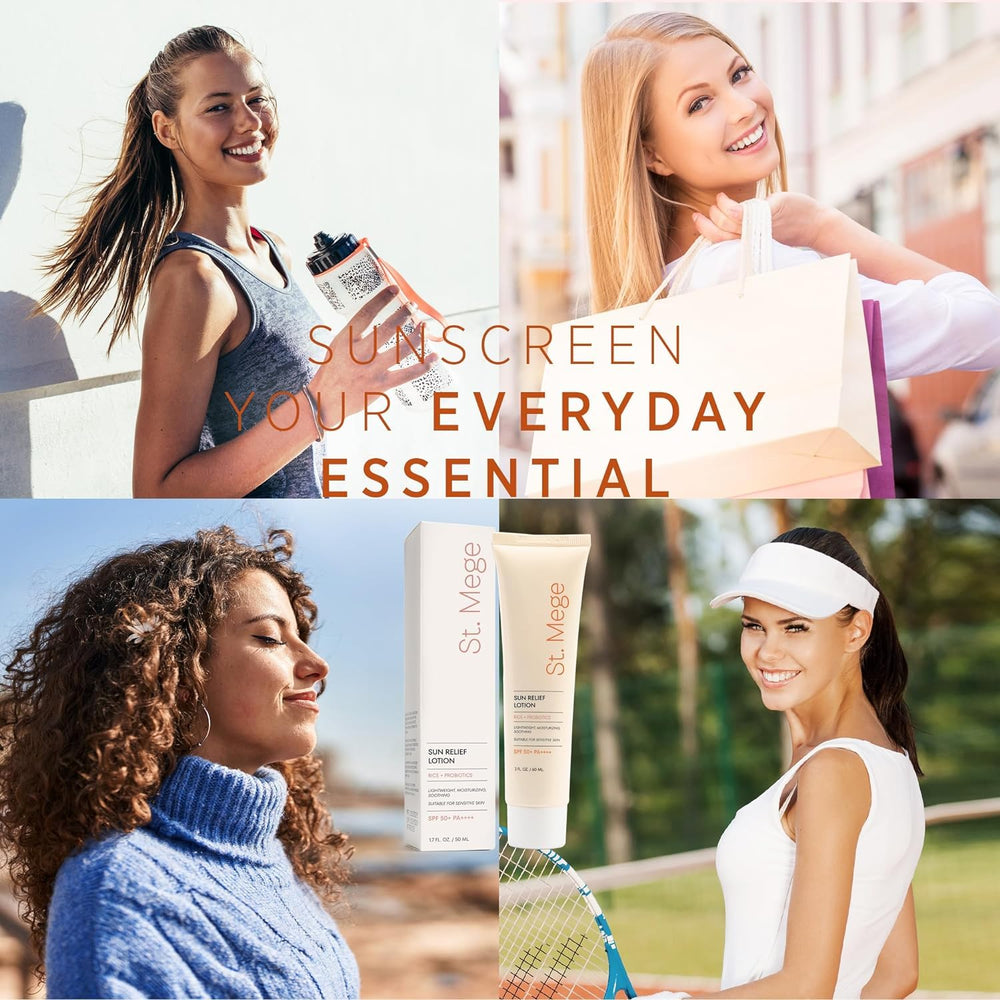 St. Mege sunscreen beside skincare products for daily ritual.