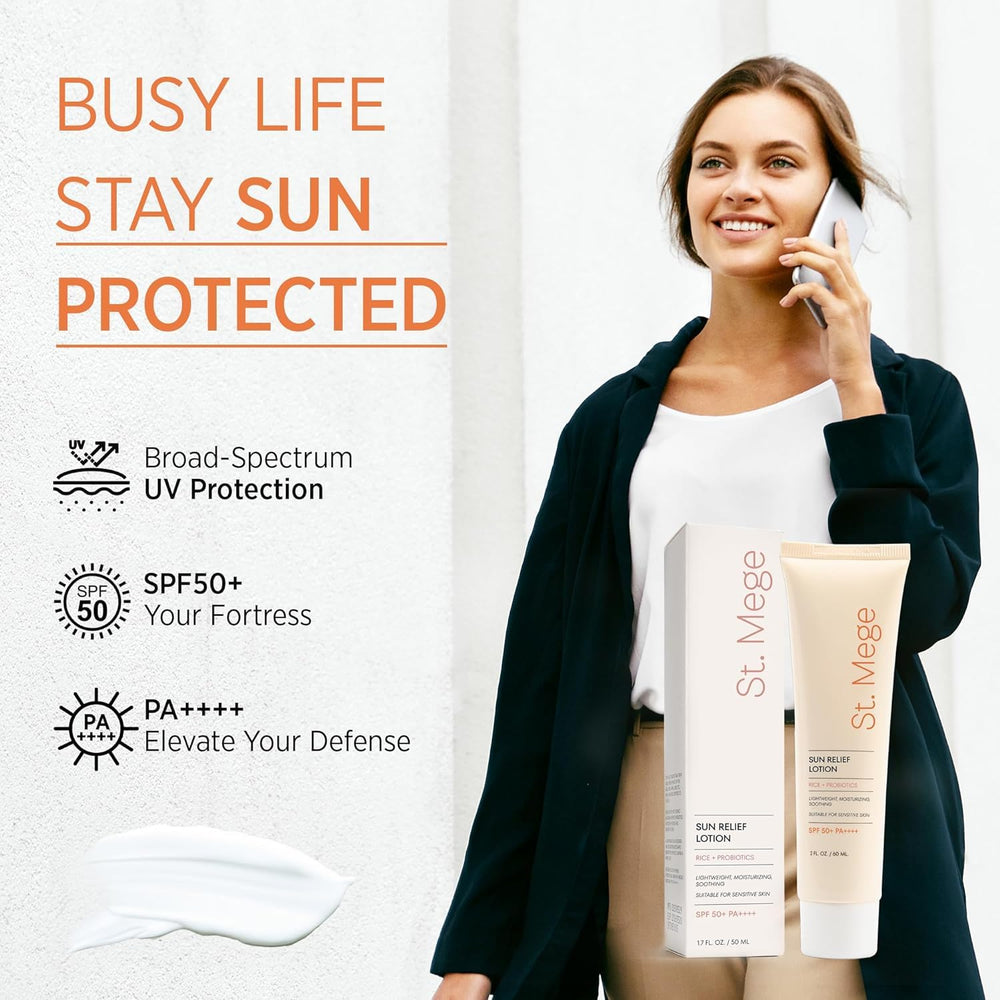 St. Mege SPF50+ PA++++ sunscreen on the face delivers a sheer, non-greasy look.