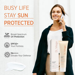 St. Mege SPF50+ PA++++ sunscreen on the face delivers a sheer, non-greasy look.