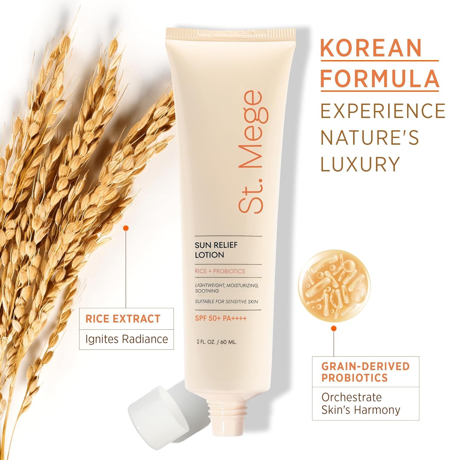 St. Mege rice sunscreen texture close-up shows fast absorption and a light finish.