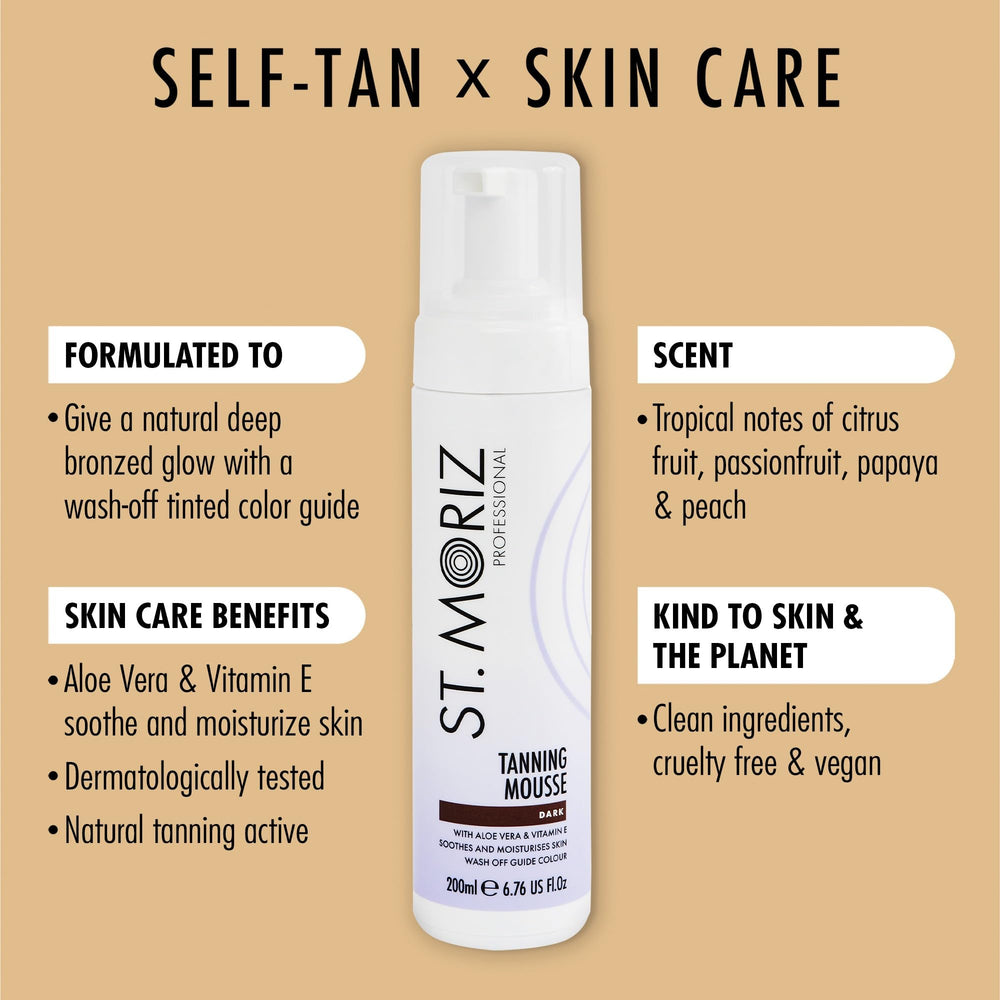 St Moriz Professional Dark Mousse foam closeup reveals rich texture for even application.