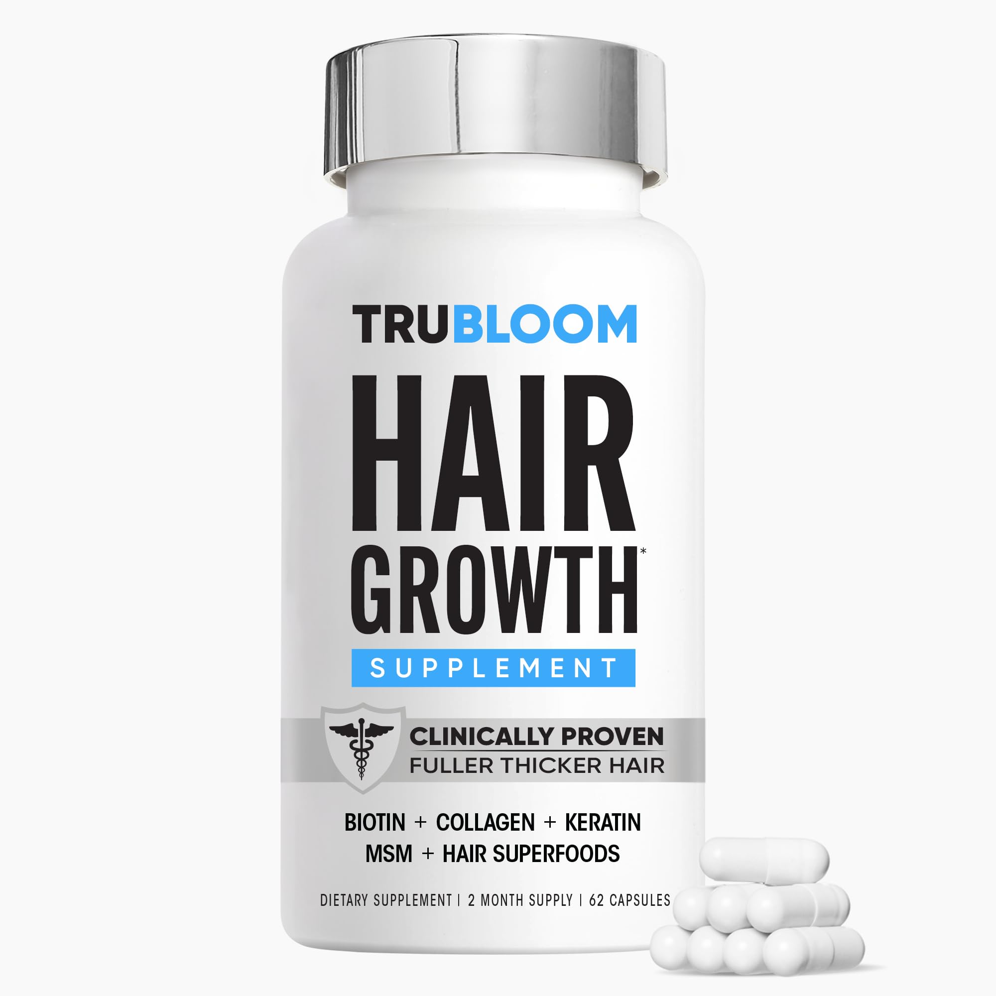 St. Tropica Tru Bloom capsules in bottle support hair health and growth potential