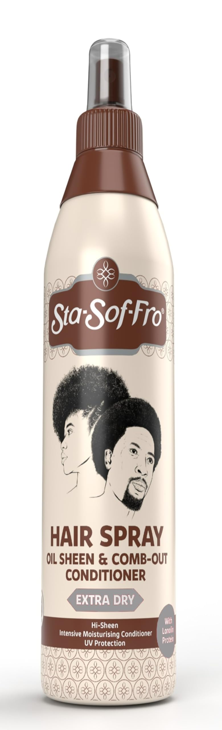 Sta-Sof-Fro aerosol capilar para cabello seco, facilita peinado suave y brillo duradero.