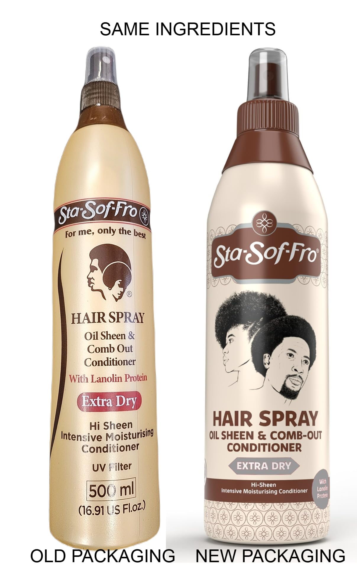 Sta-Sof-Fro hair spray application scene shows curl maintenance and smoother comb-outs.