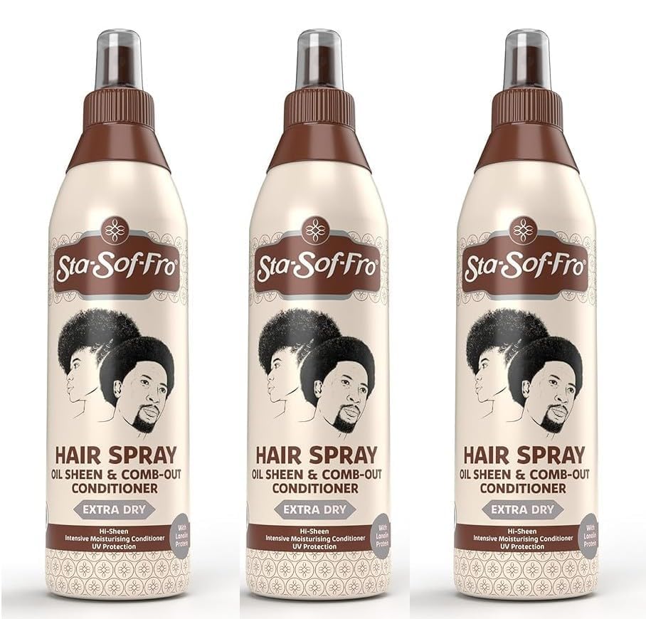 Sta-Sof-Fro hair spray bottle pour enables easy detangling on dry hair.