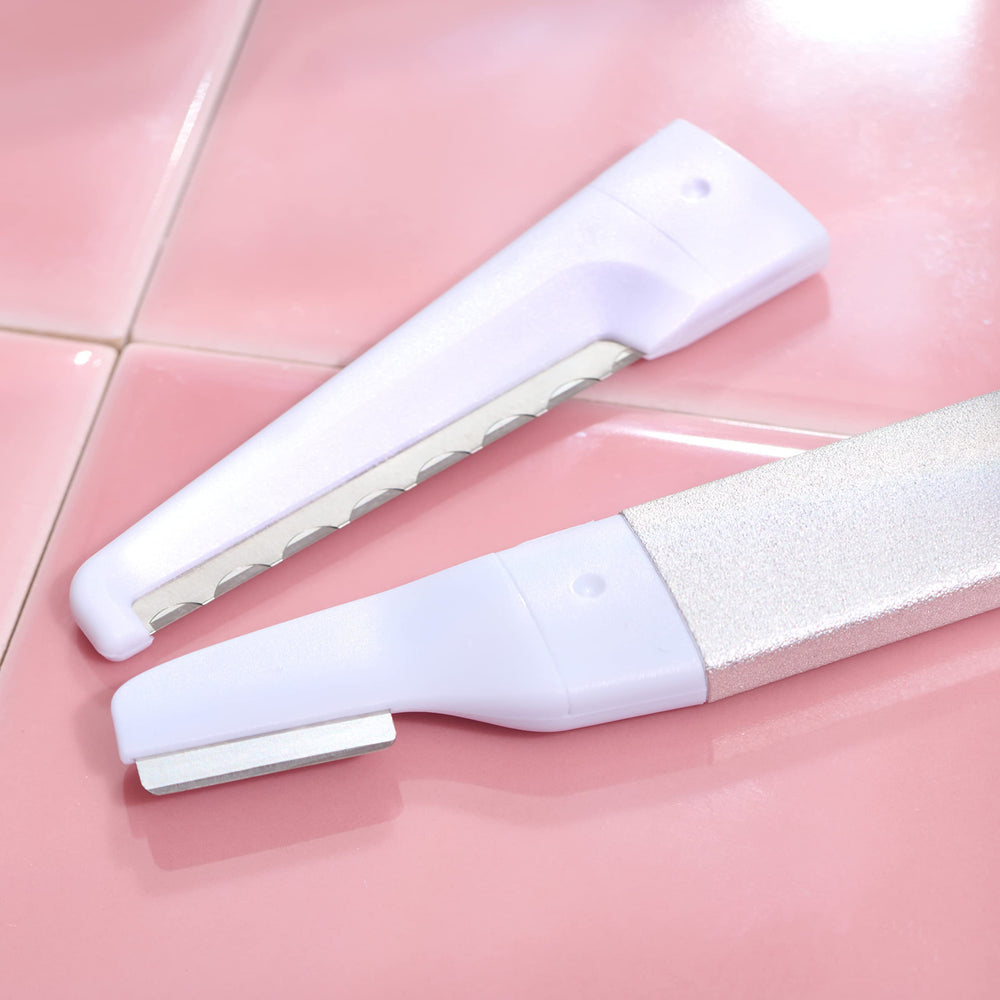 StackedSkincare dermaplaning blades 3-pack on counter ready for smoother makeup application.