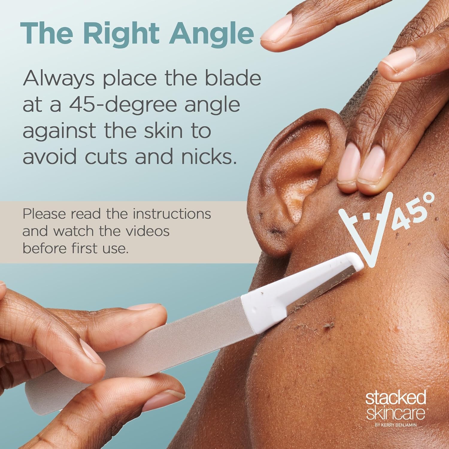StackedSkincare dermaplaning tool in use for at-home facial exfoliation routine.