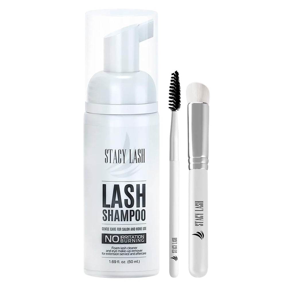 STACY LASH extension shampoo bottle demonstrates safe lash cleansing and natural lash care.