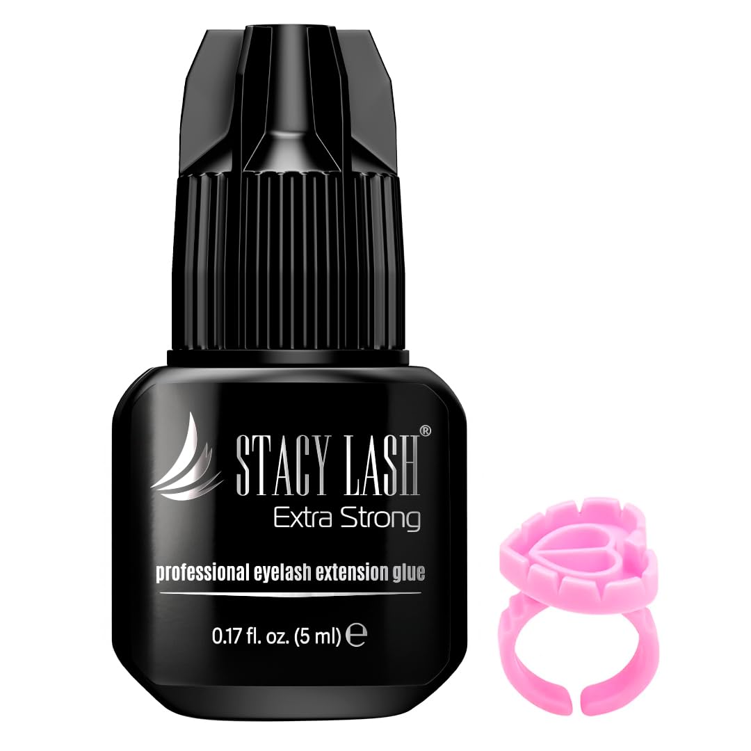 STACY LASH extra strong glue bottle closeup for reliable lash extensions retention.