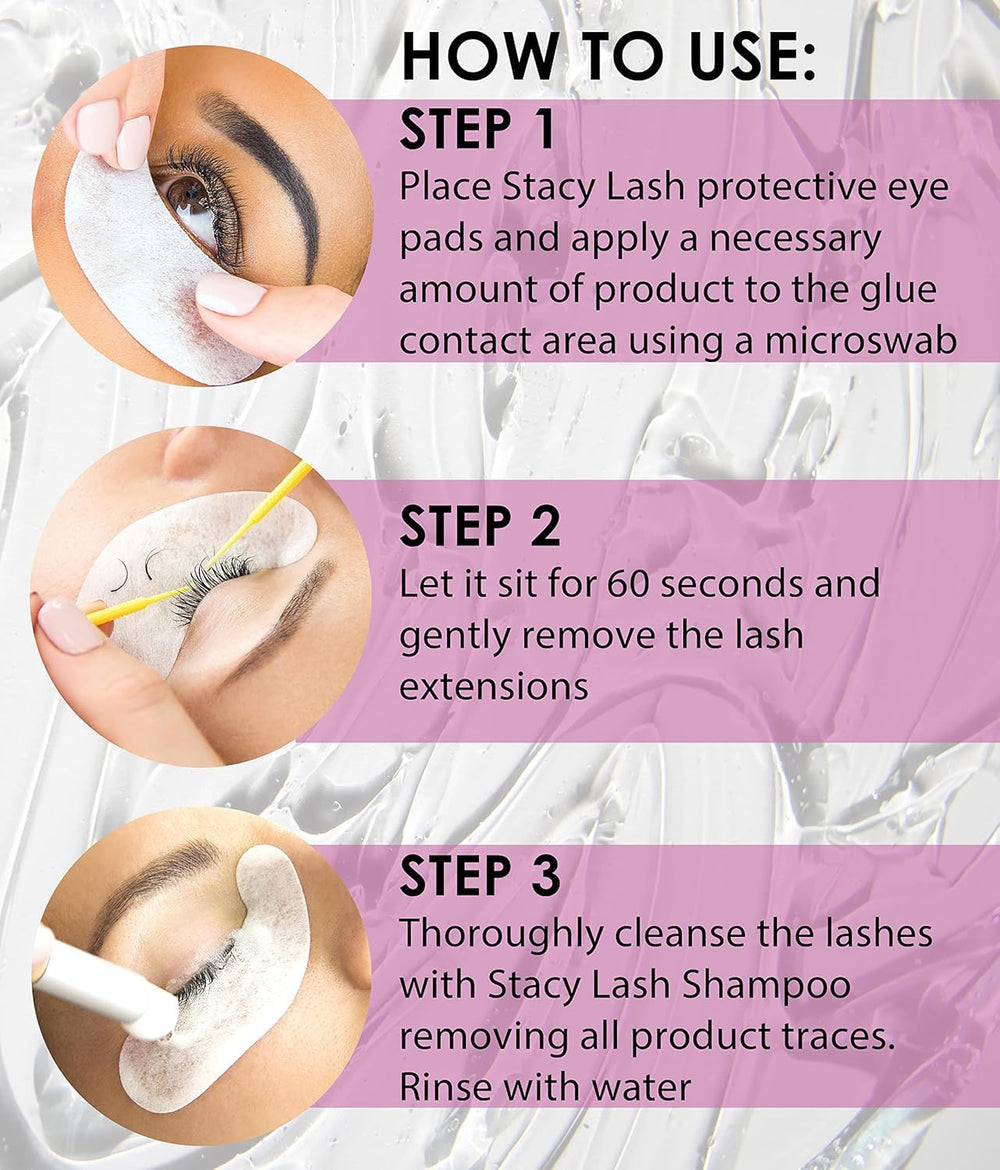 STACY LASH eyelash extension remover bottle-dispense — controlled dispensing minimizes contact with eyes.