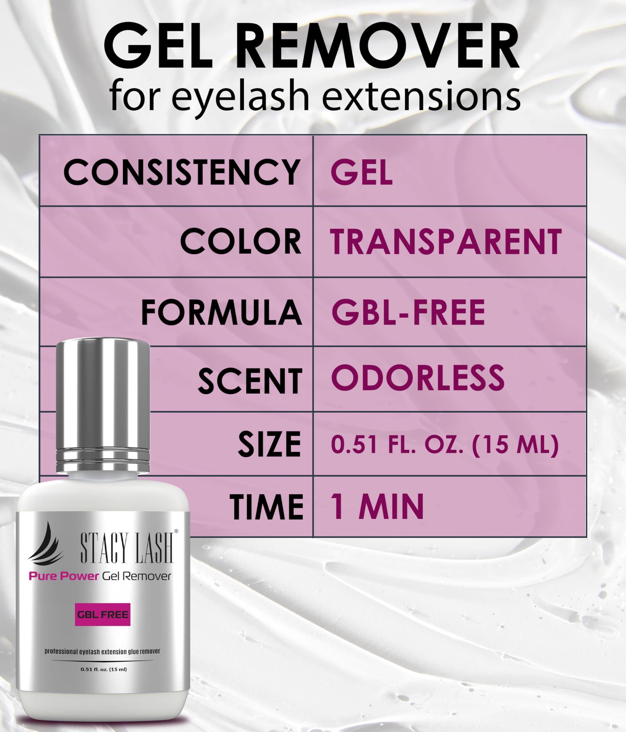 STACY LASH eyelash extension remover odorless-formula — odorless experience improves technician comfort.