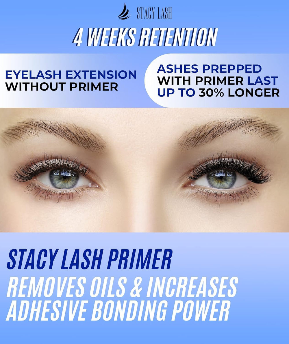 STACY LASH primer brush applying on lashes to boost adhesive bond.