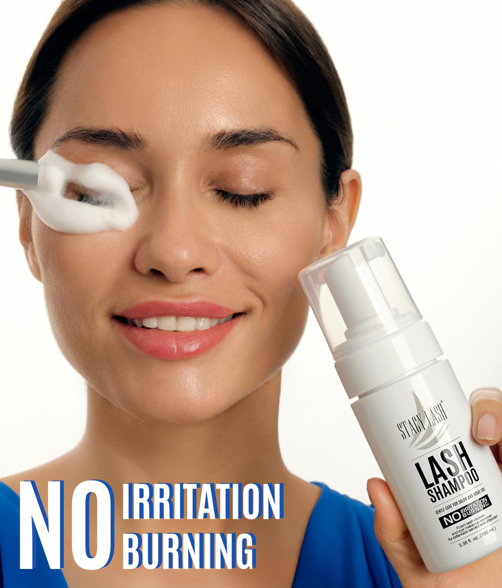 STACY LASH foaming cleanser with brush for easy eyelid cleansing.