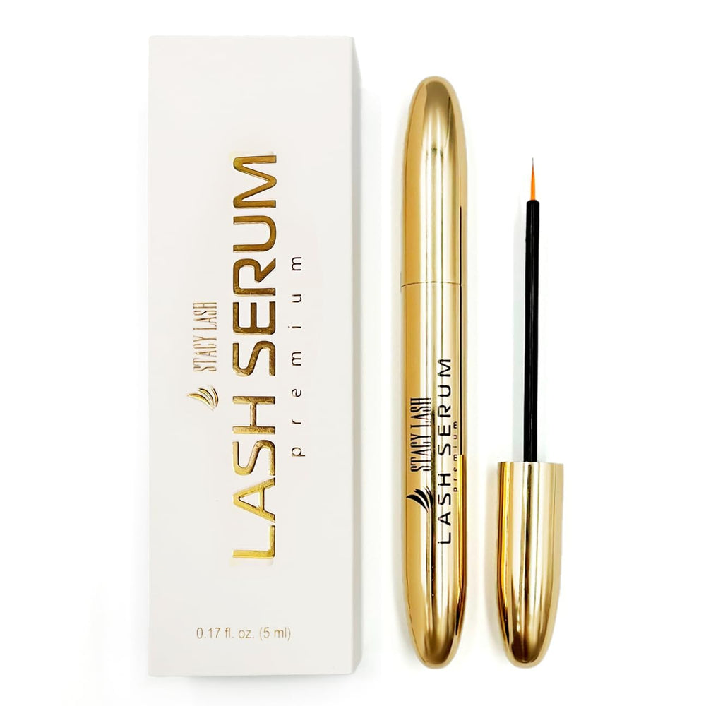 Stacy Lash Growth Serum bottle closeup showing compact design for at-home use and easy storage