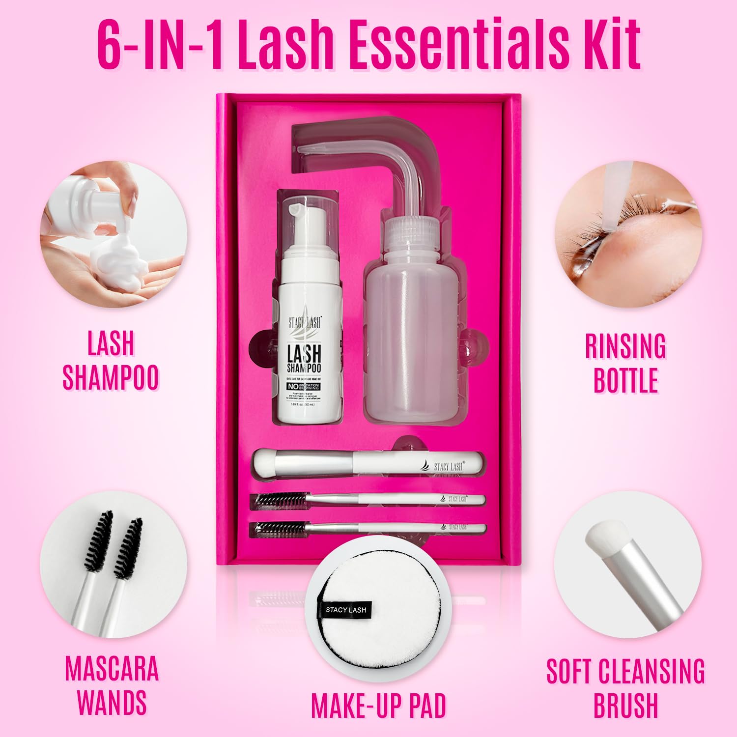 STACY LASH Lash Shampoo Kit, bote de enjuague para limpieza precisa de pestañas.