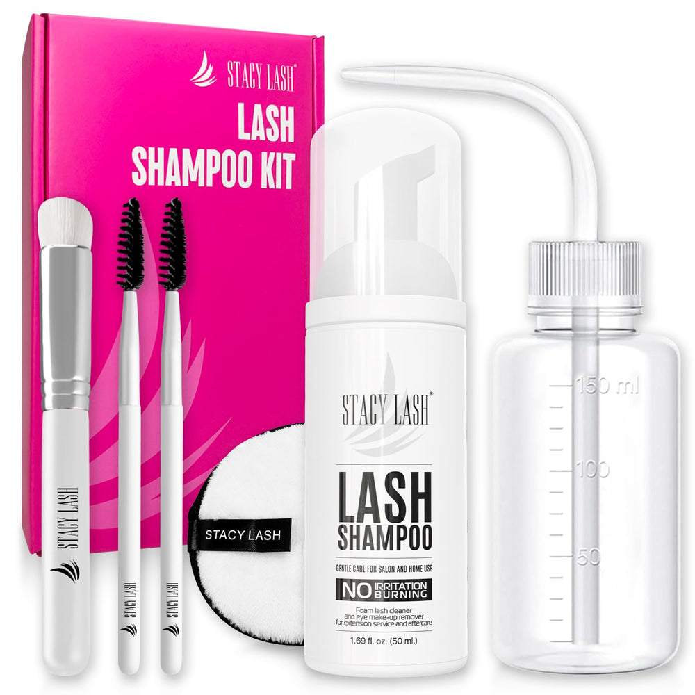 STACY LASH Lash Shampoo Kit, presentación del conjunto para extensiones de pestañas.
