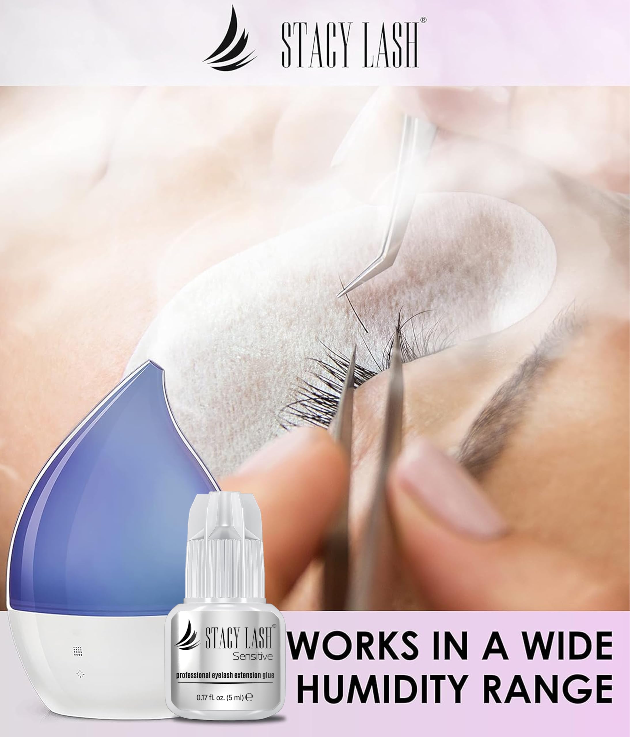 STACY LASH latex-free low-fumes formula highlighted for sensitive-eye comfort.