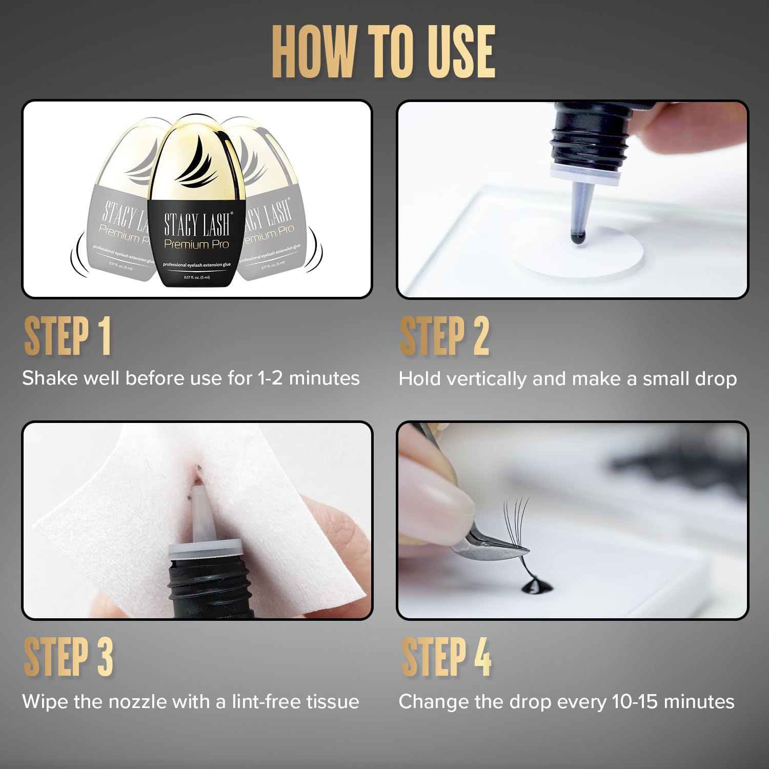 Stacy Lash Premium Pro close-up of 0.3s dry time demonstrates speed.