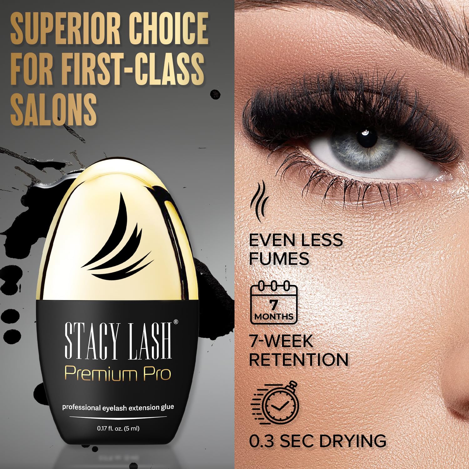 Stacy Lash Premium Pro glue dispensing cap demonstrates precise application for lash artist.