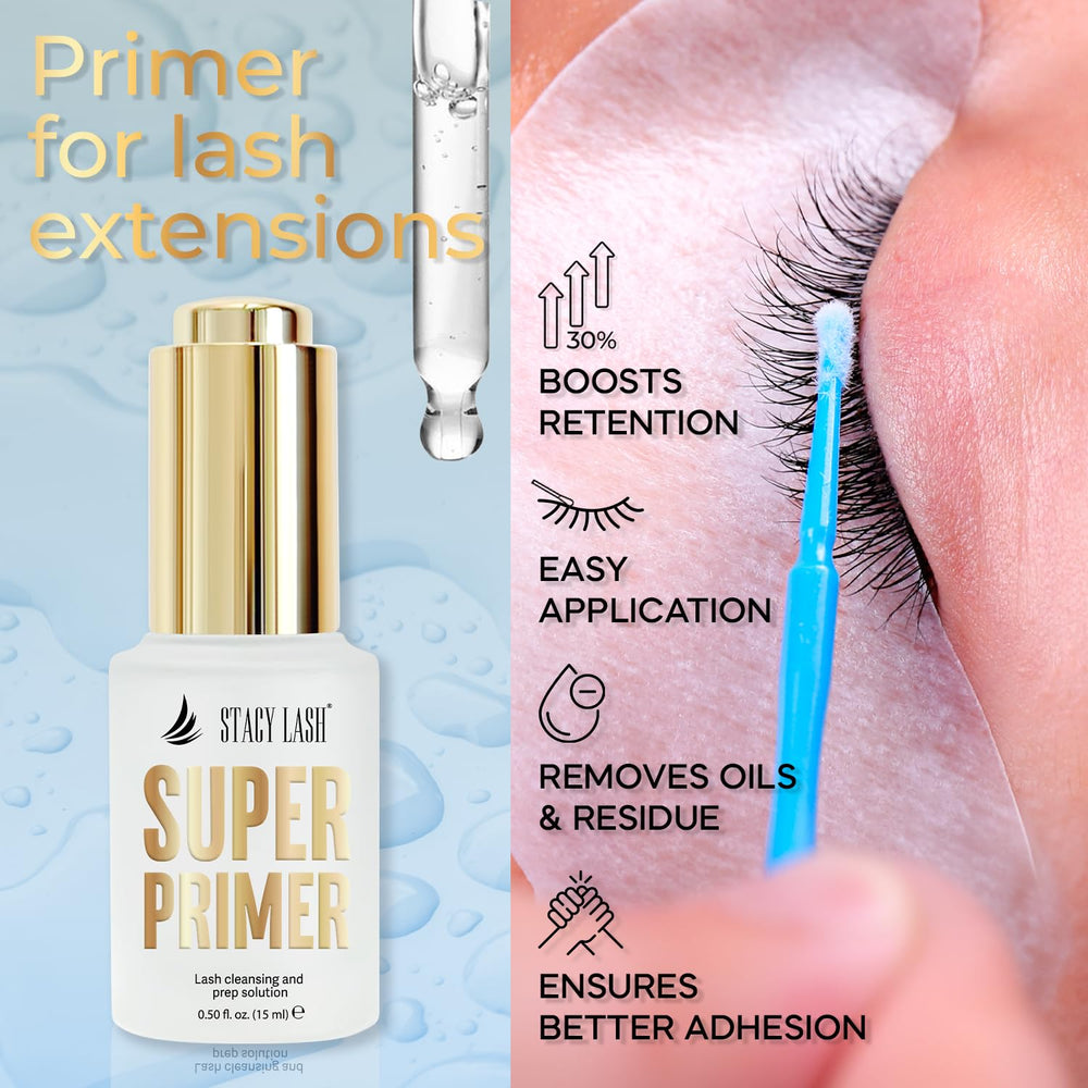 STACY LASH primer bottle with dropper enables precise application for stronger bonds.