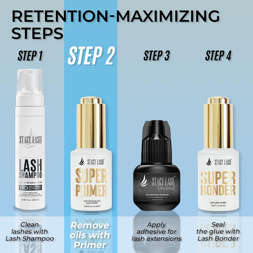 STACY LASH protein oil remover action photo highlights oil-free surface for lasting retention.