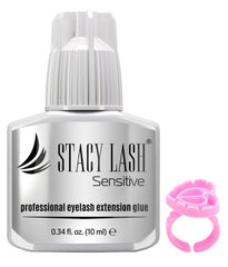 STACY LASH Sensitive glue bottle closeup shows gentle formula for lash extensions